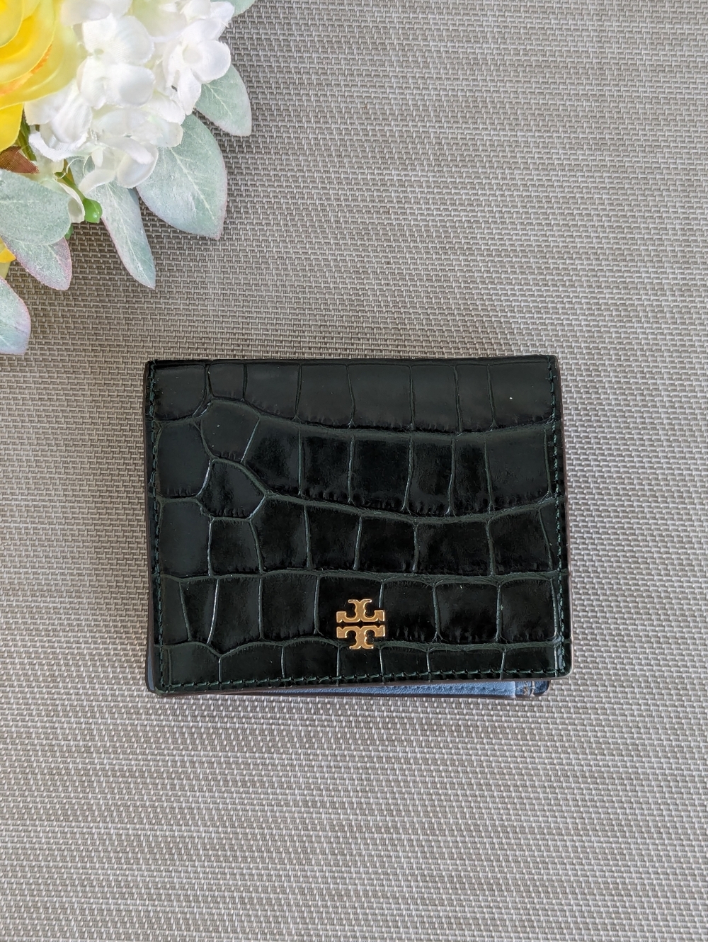 Tory Burch Blake Croc Embossed Leather Mini Wallet 4.5” Snap Deep Kelp Jacquard - Picture 15 of 15